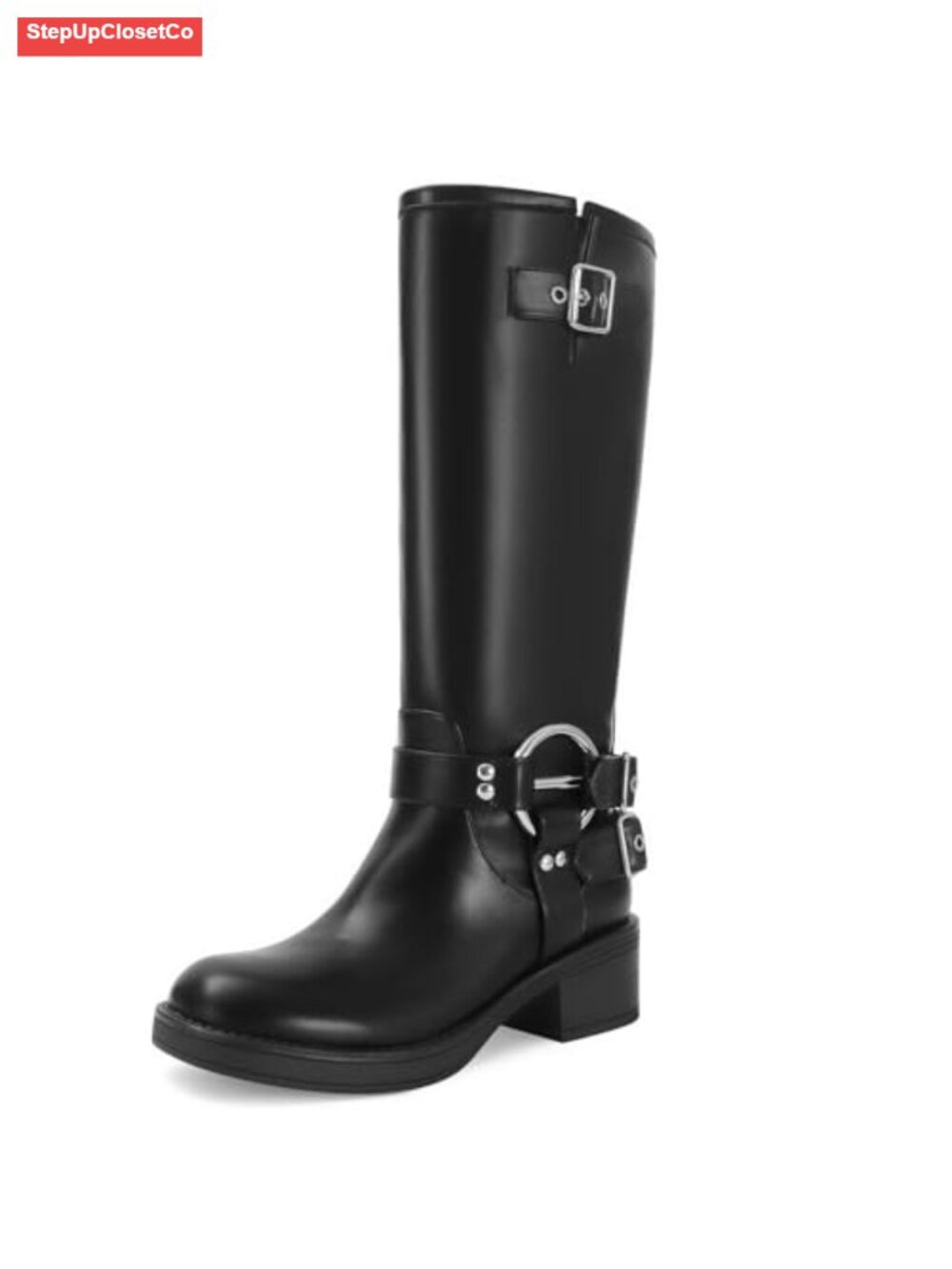 Knee High Boots for Women Square Toe Wide Calf Pull On Riding Buckles Boots